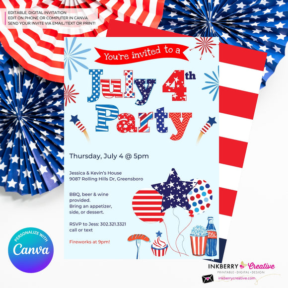4th of July Patterns Party Invitation, July 4th Cookout Patriotic, Red White Blue Party Invite - Printable, Instant Download, Edit in Canva