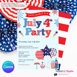 4th of July Patterns Party Invitation, July 4th Cookout Patriotic, Red White Blue Party Invite - Printable, Instant Download, Edit in Canva