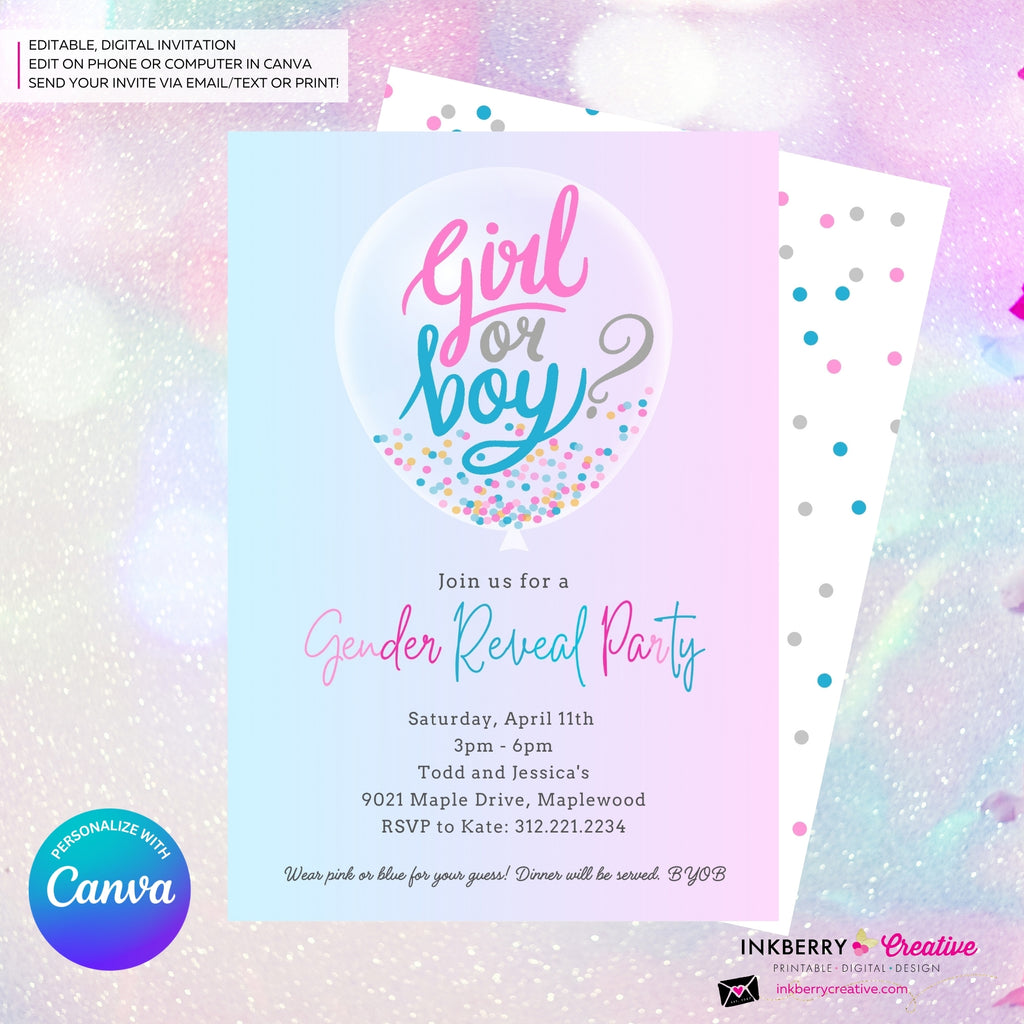 Pink Blue Confetti Balloon Gender Reveal Party Invitation, Printable, Digital, Instant Download, Edit in Canva