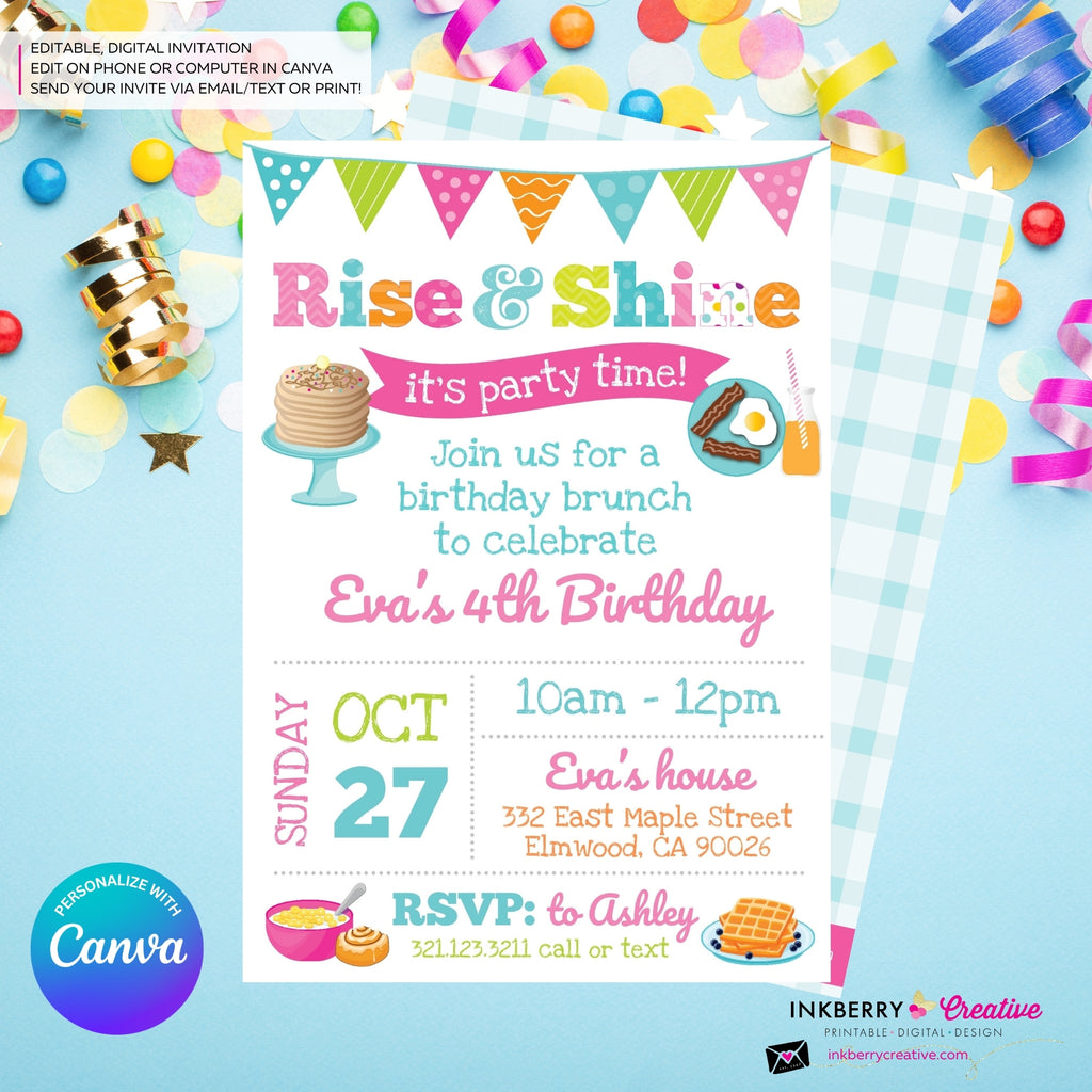 Rise and Shine Girls Birthday Breakfast Brunch Party Invitation, Pancakes, Bacon, Eggs, Waffles - Editable in Canva