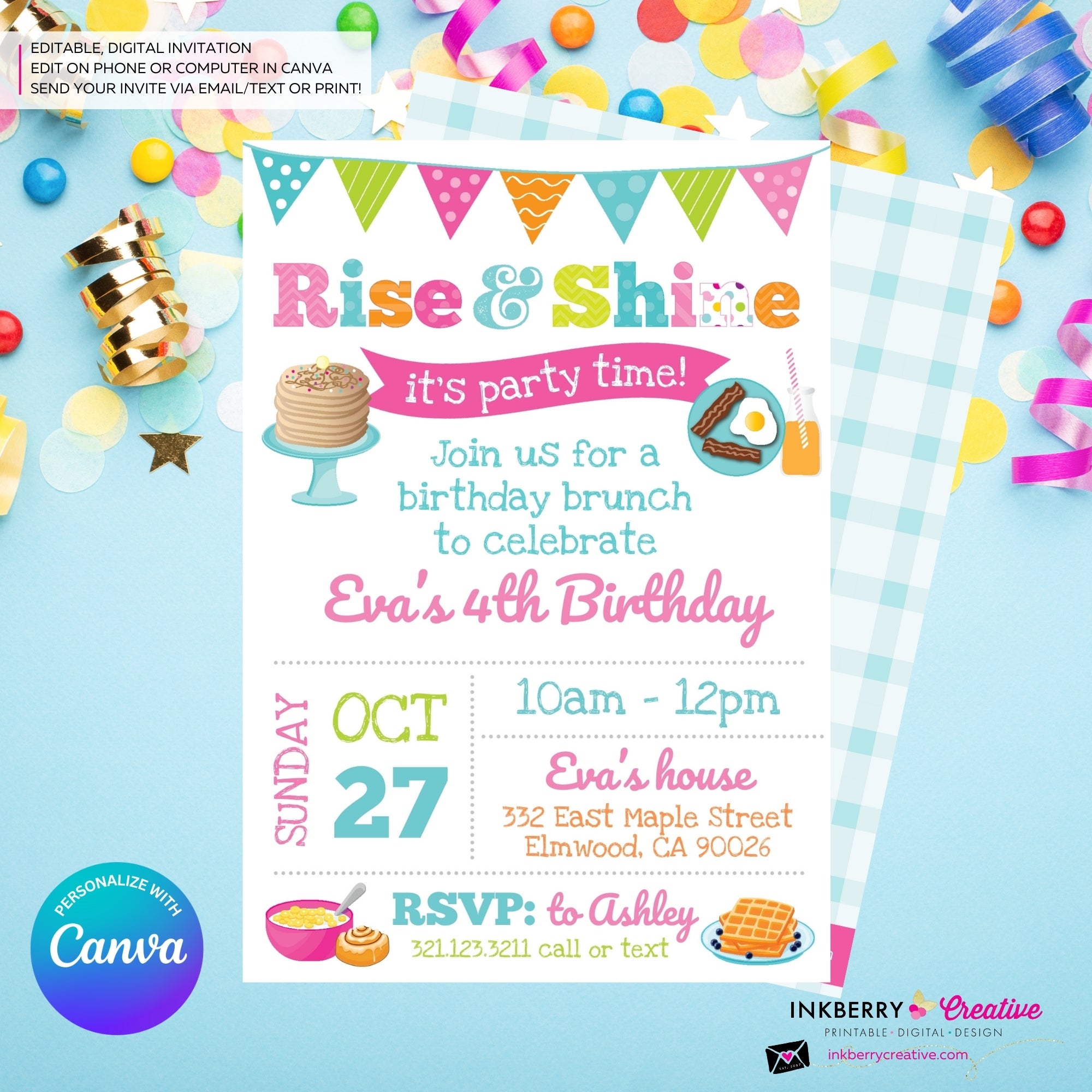 Rise and Shine Girls Birthday Breakfast Brunch Party Invitation, Pancakes, Bacon, Eggs, Waffles - Editable in Canva