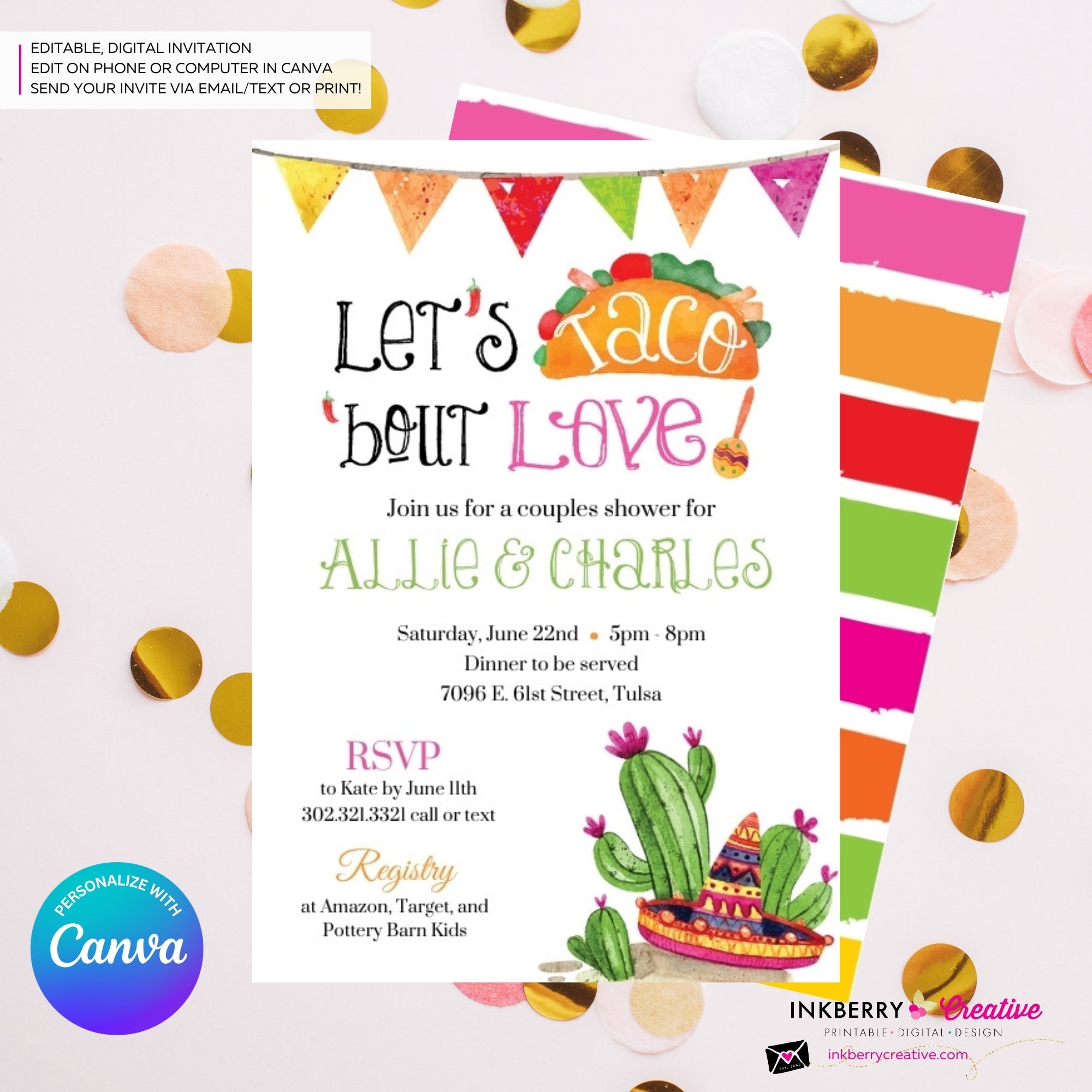 Taco 'bout Love - Couples, Coed, Taco, Mexican Theme Bridal Shower Invitation, Digital File, Edit in Canva