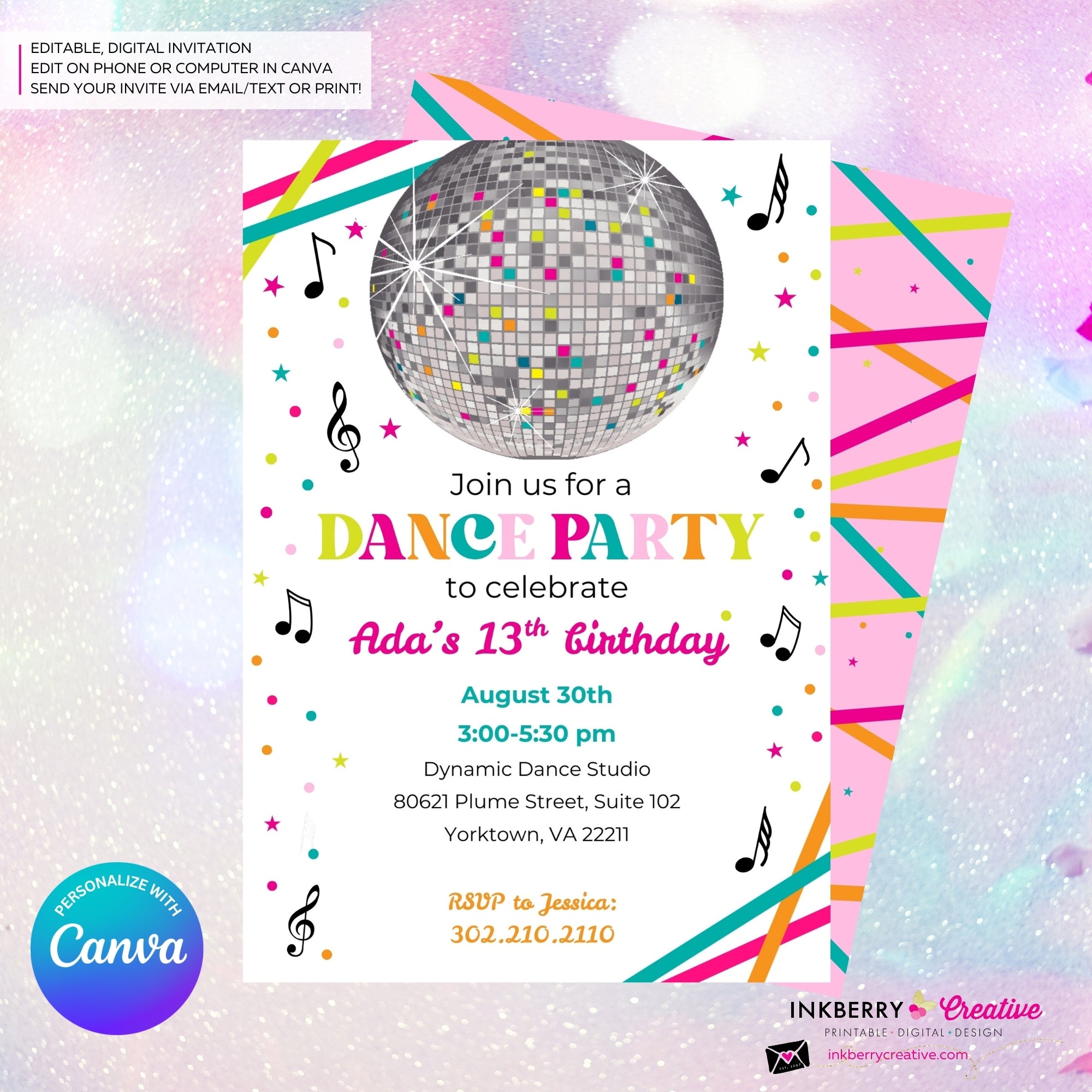 Neon Dance Party Invitation (White) with Disco Ball - Printable, Instant Download, Edit in Canva