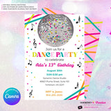 Neon Dance Party Invitation (White) with Disco Ball - Printable, Instant Download, Edit in Canva