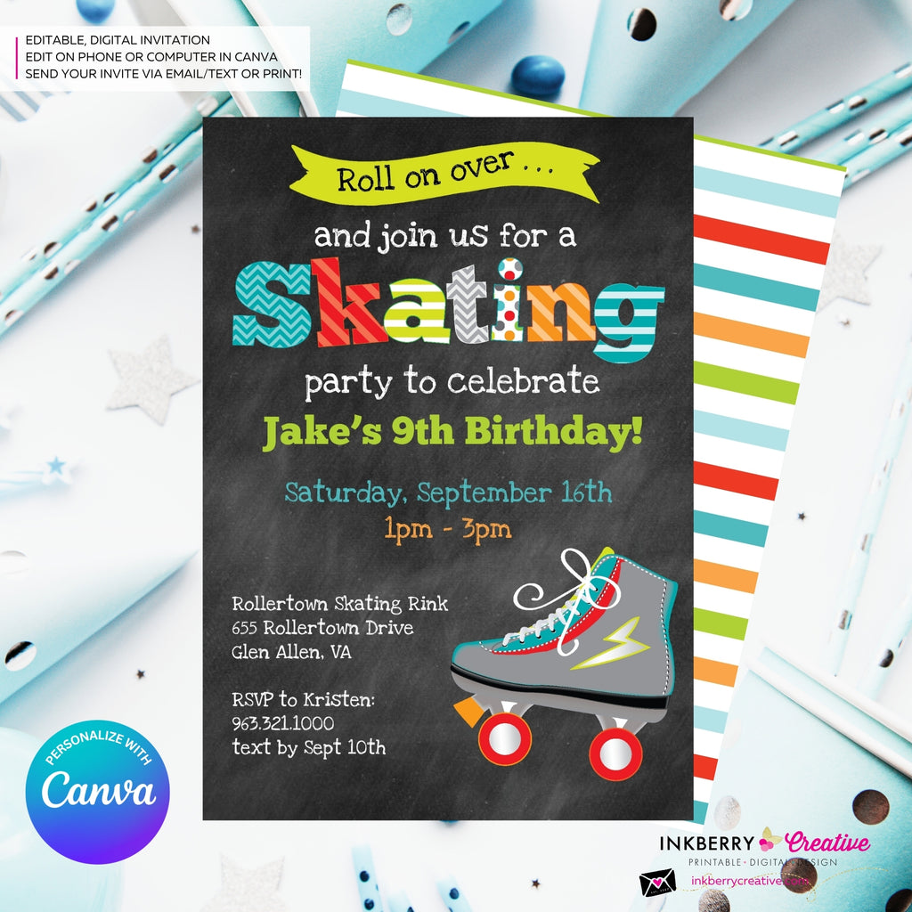 Editable Roller Skating Birthday Party Invitation - Boys Roller Skate Party Invite, Chalkboard, Roller Skating Rink Invite, Edit in Canva