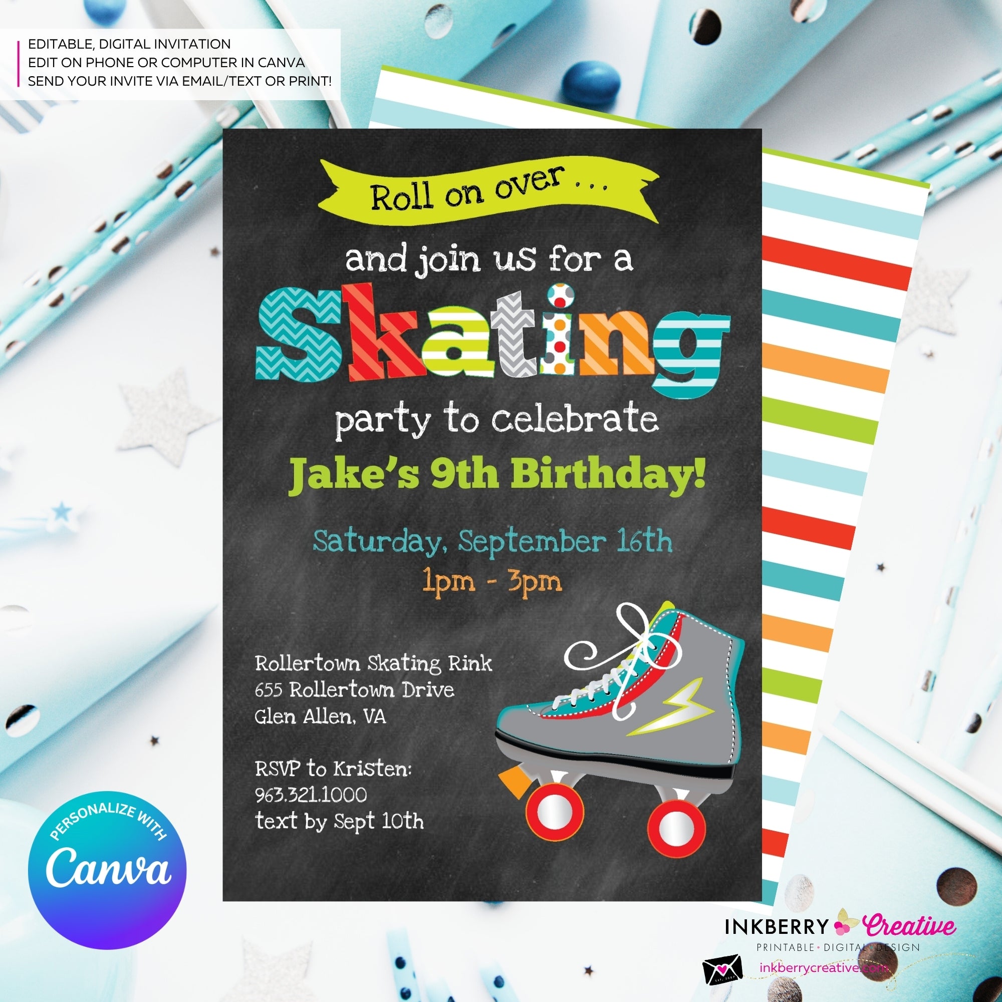 Editable Roller Skating Birthday Party Invitation - Boys Roller Skate Party Invite, Chalkboard, Roller Skating Rink Invite, Edit in Canva