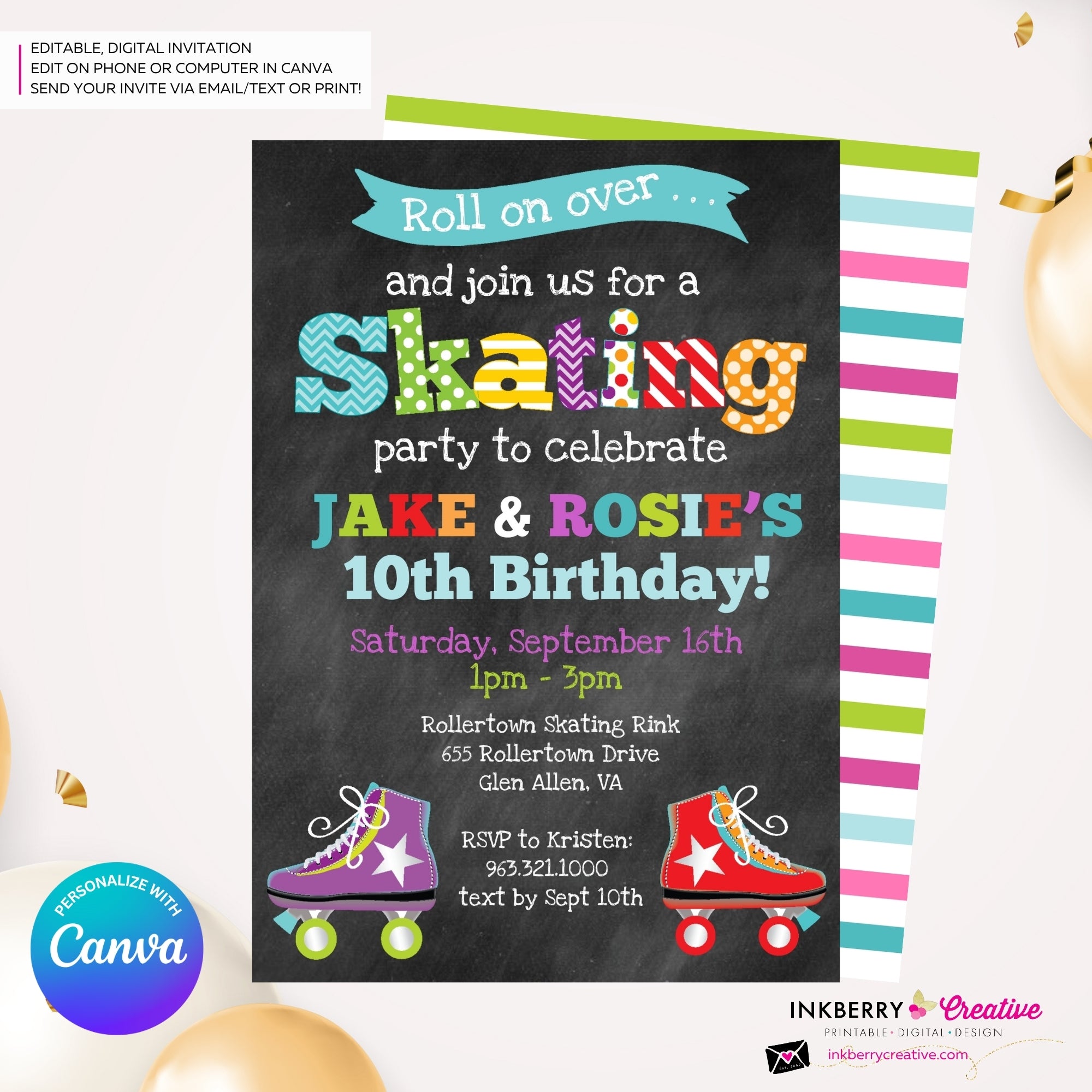 Editable Roller Skating Birthday Party Invitation, Boy Girl Roller Skate Party Invite, Chalkboard, Roller Skating Rink Invite, Edit in Canva