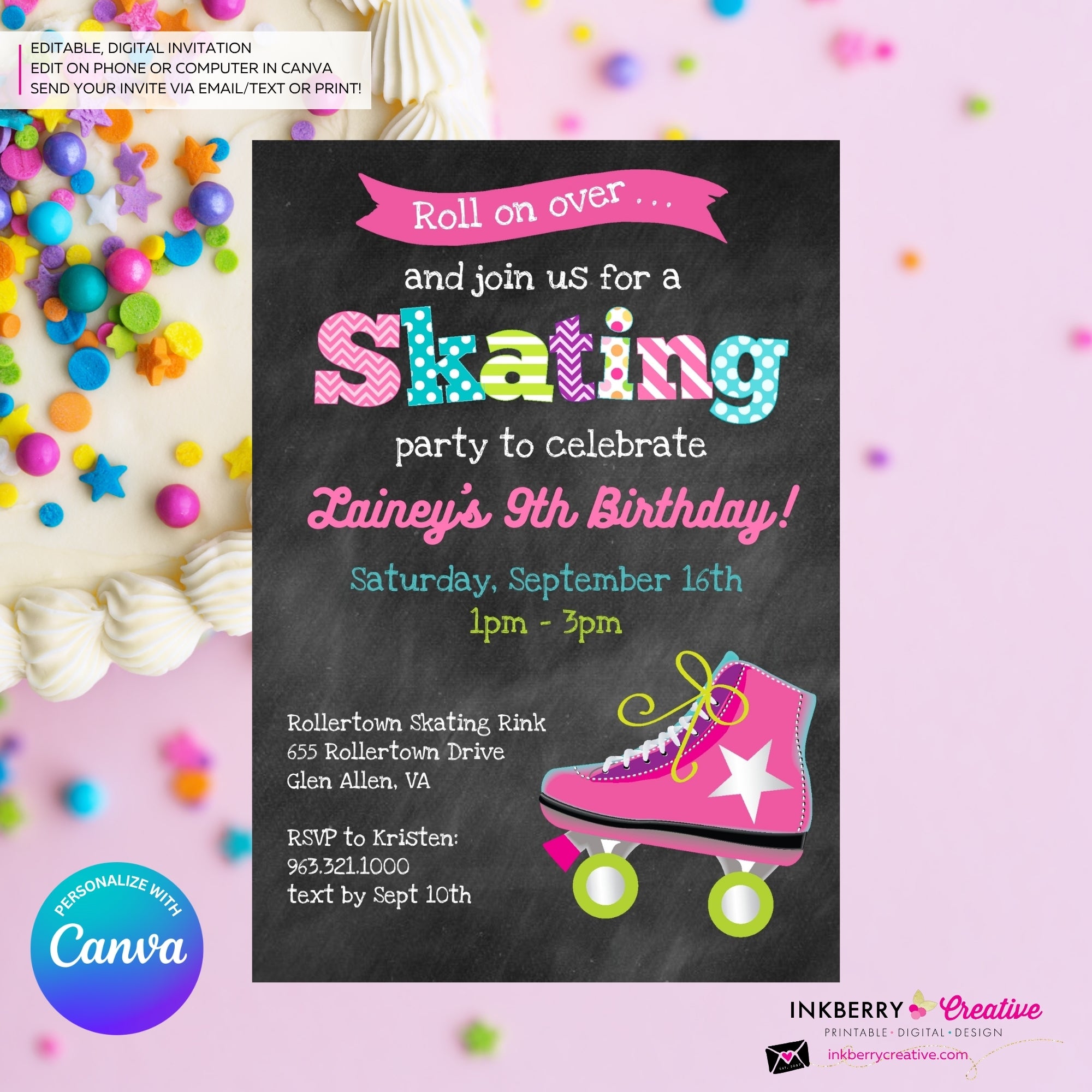 Editable Roller Skating Birthday Party Invitation - Girls Roller Skate Party Invite, Chalkboard, Roller Skating Rink Invite, Edit in Canva