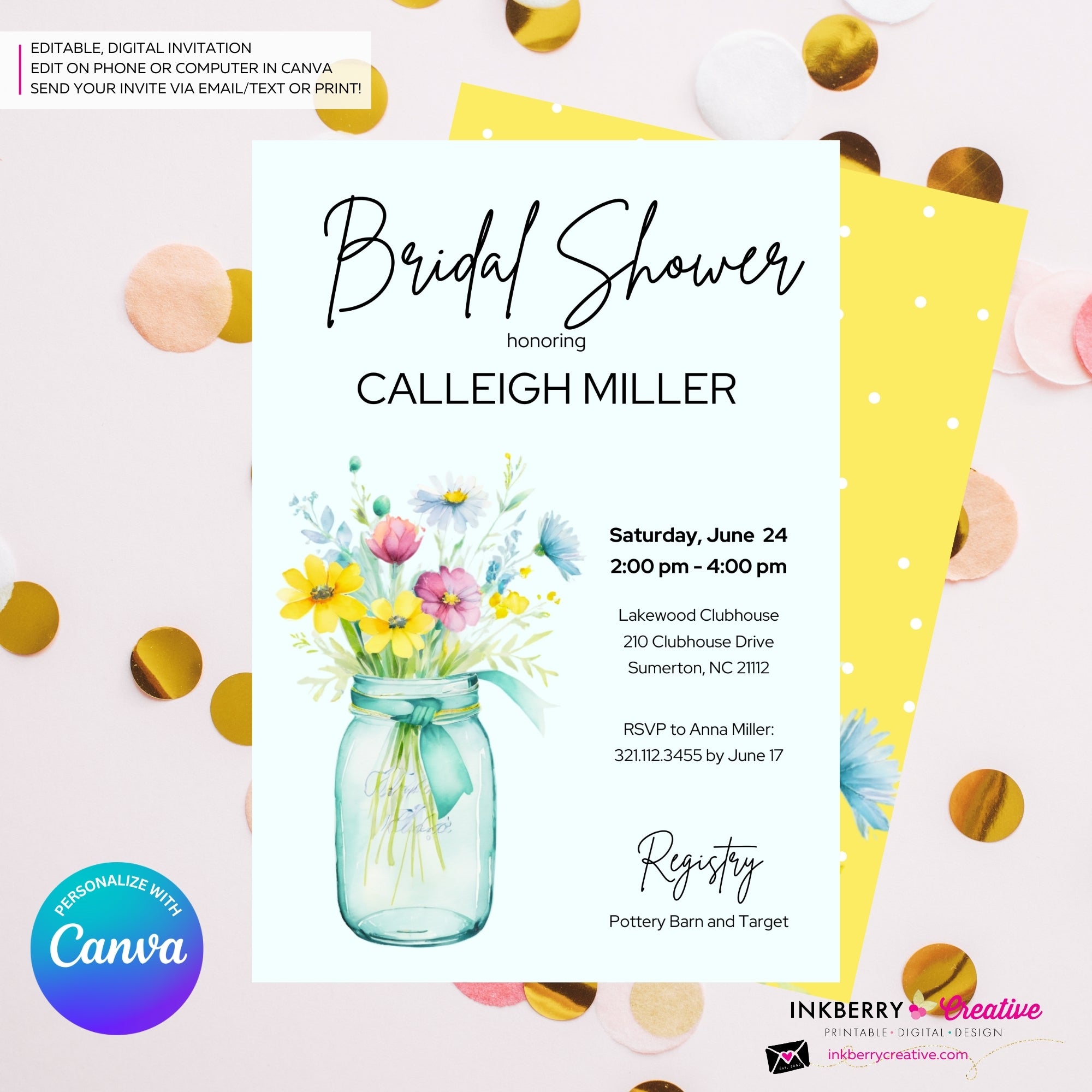 Wild Flower Mason Jar Bridal Shower Invitation, Colorful Wildflowers Floral Summer Spring Shower Invite, Digital, Edit in Canva