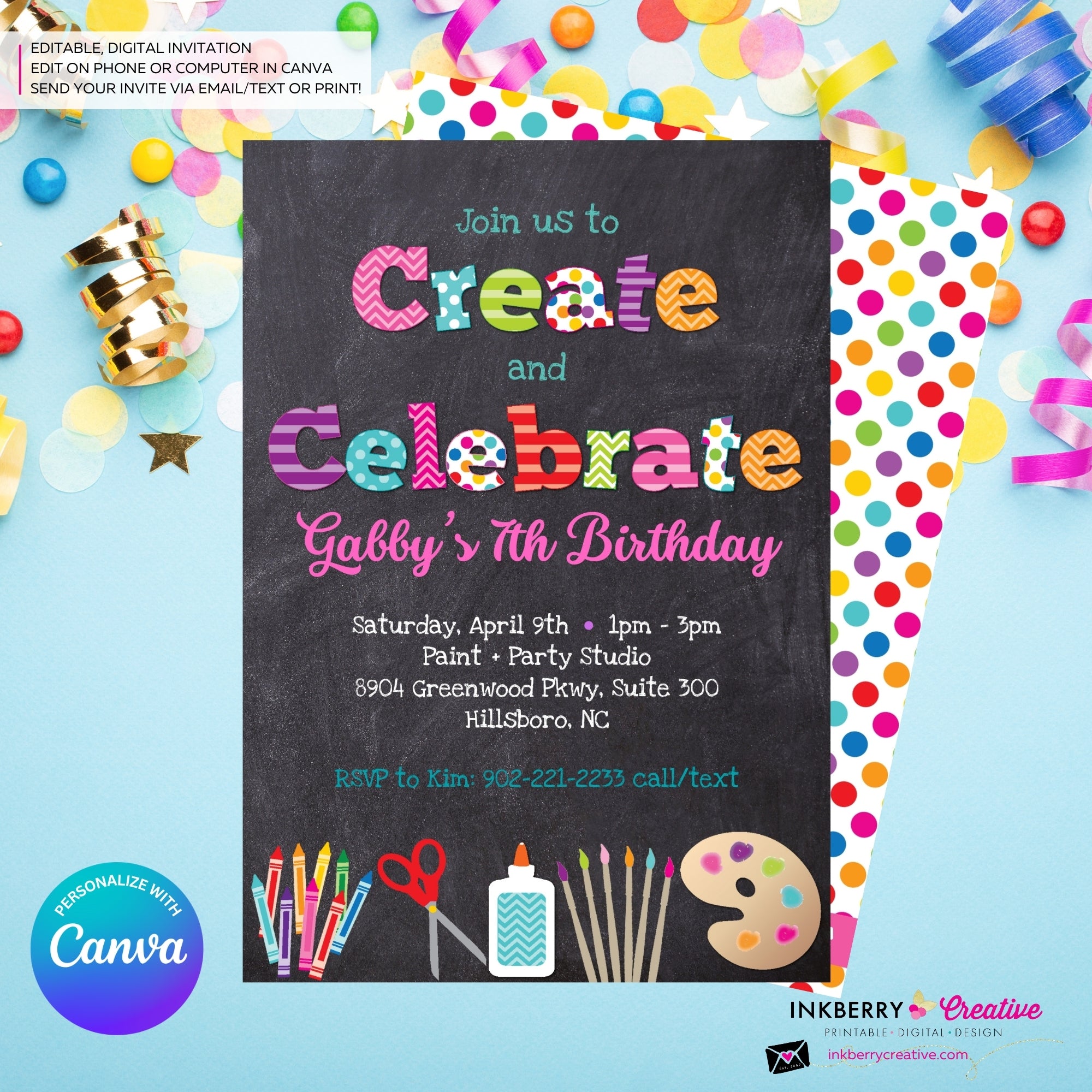 Create and Celebrate - Arts and Crafts Birthday Party Invitation, Chalkboard Style - Kids Arts Crafts Painting Party - Printable, Instant Download, Edit in Canva