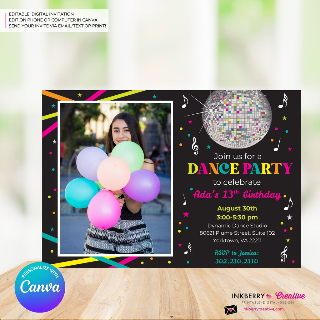 Neon Dance Party Birthday Party Photo Invitation, Digital, Printable File, Edit in Canva
