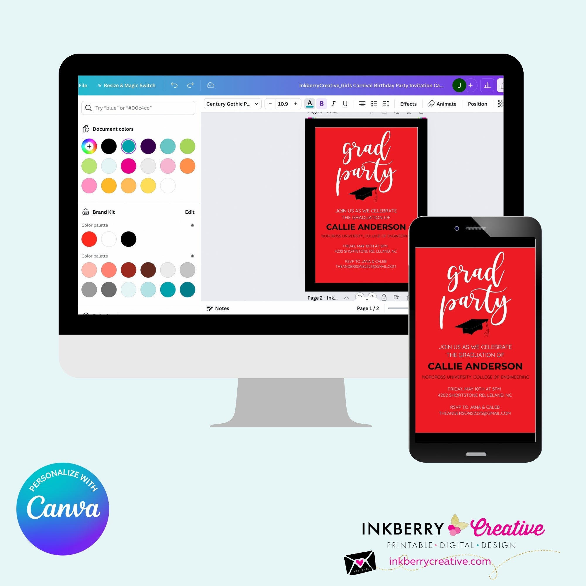 Grad Party Color Block Script - Custom Color Graduation Invitation or Announcement - Editable in Canva