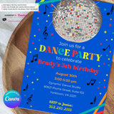 Neon Glow Dance Party Invitation (Boys Blue) with Disco Ball - Printable, Instant Download, Edit in Canva