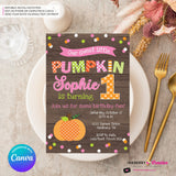 Pumpkin First Birthday (Girls) Woodgrain, Confetti Party Invitation - Printable, Edit in Canva