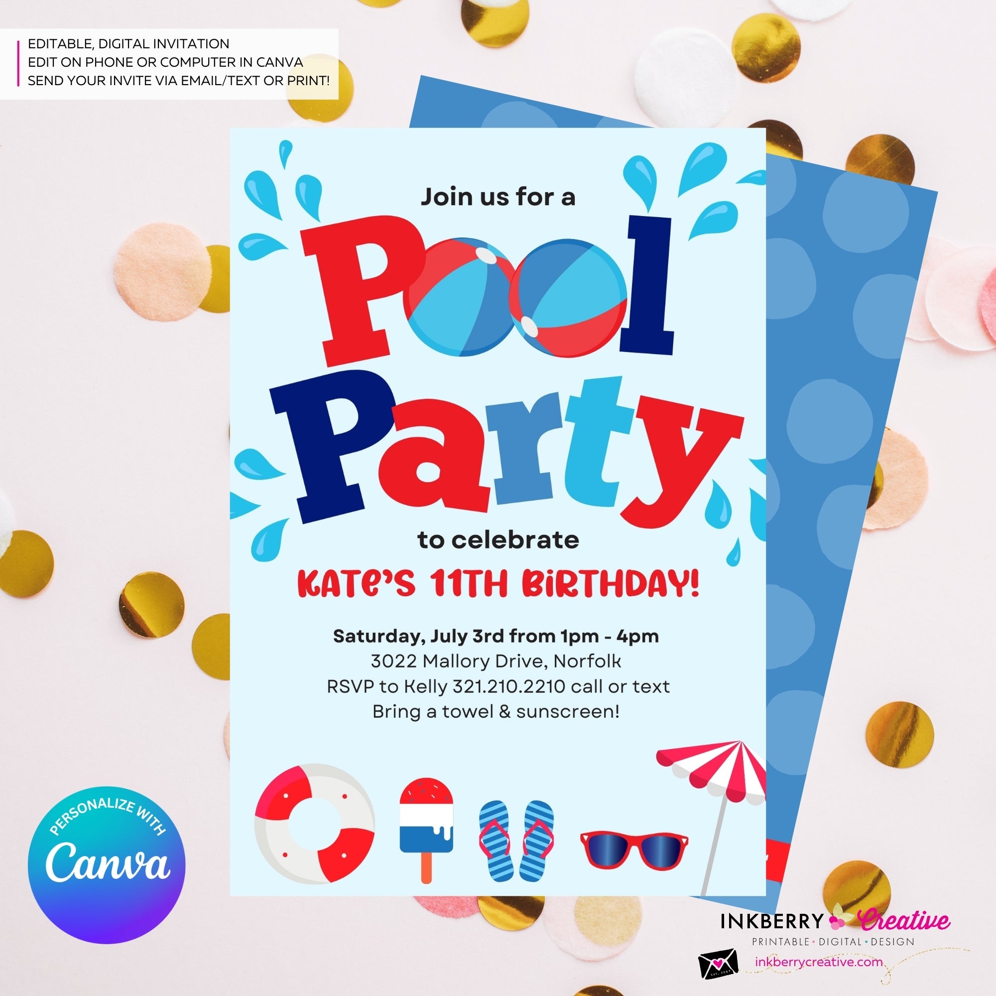 Patriotic Pool Party Invitation - Summer, Patriotic, 4th of July, Memorial Day, Pool Party - Printable, Instant Download, Edit in Canva