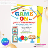 Game On - Arcade Games, Pizza Birthday Party Invitation - Boys Arcade Game Pizza Party - Printable, Instant Download, Edit in Canva