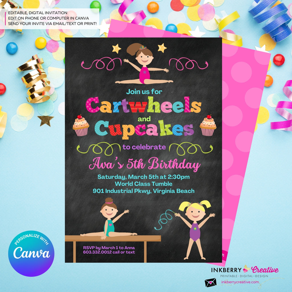 Gymnastics Party Invitation (Chalkboard) - Cartwheels and Cupcakes Gymnastics Birthday Party Invite - Printable, Instant Download, Edit in Canva