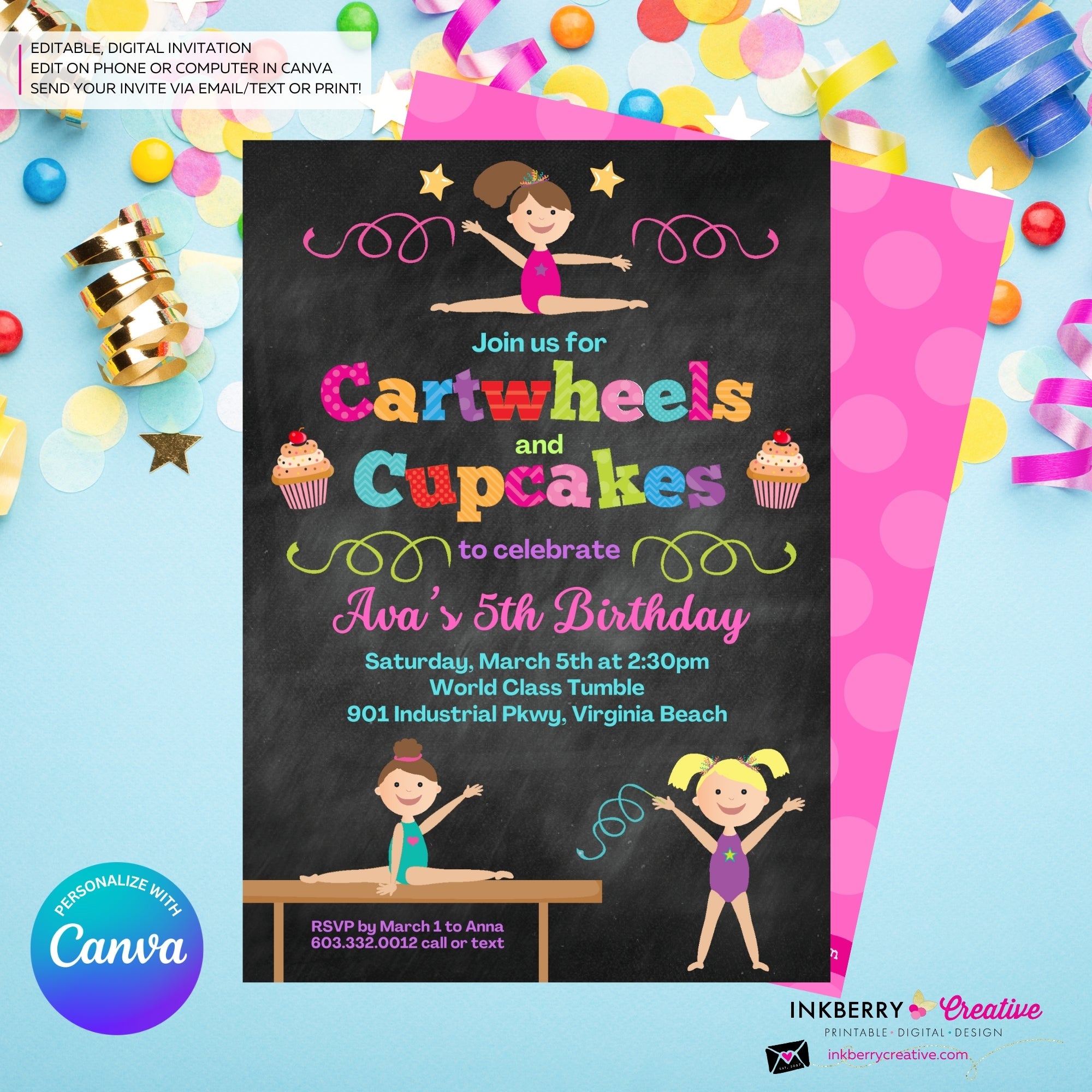 Gymnastics Party Invitation (Chalkboard) - Cartwheels and Cupcakes Gymnastics Birthday Party Invite - Printable, Instant Download, Edit in Canva