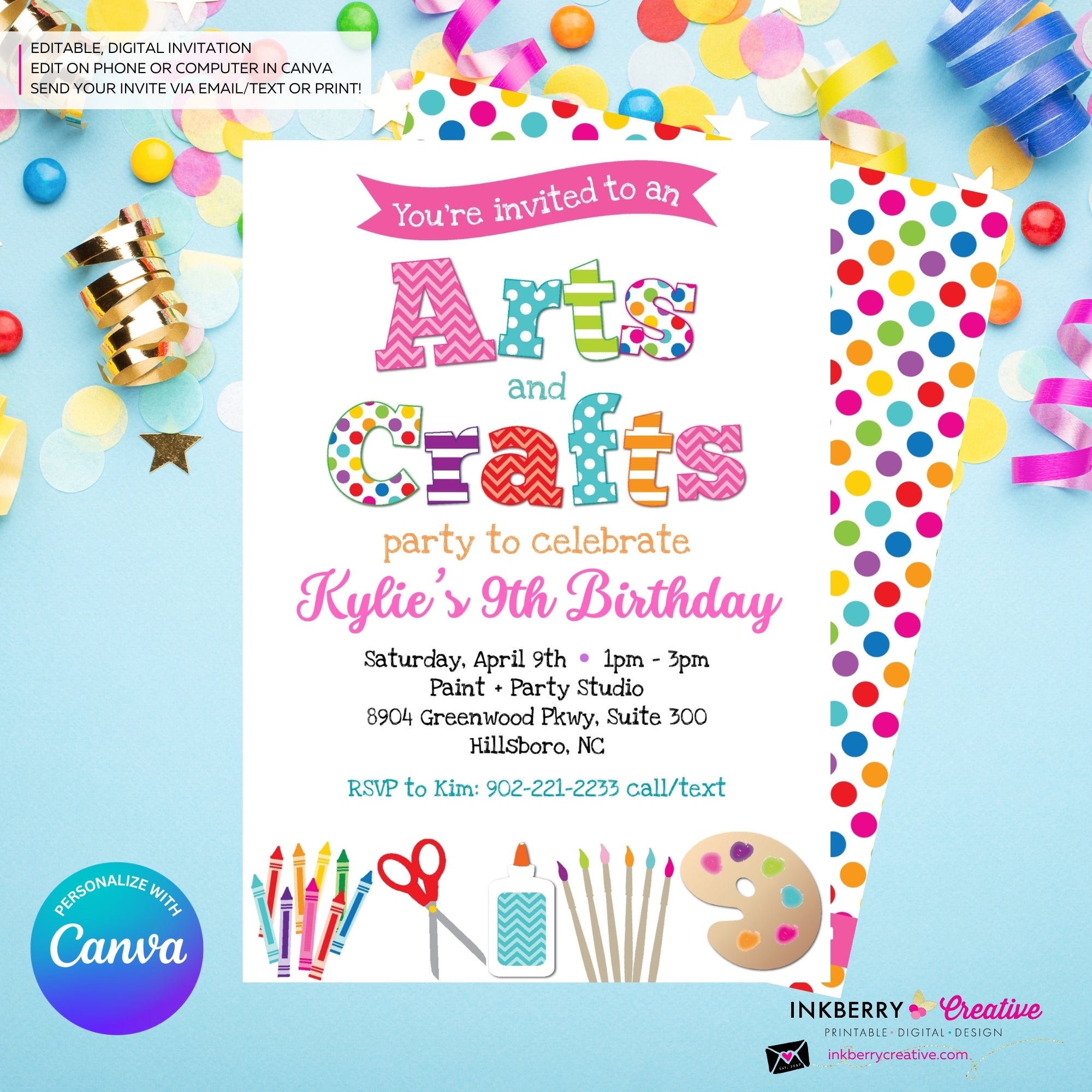 Arts and Crafts Birthday Party Invitation, Kids Arts Crafts Painting Party - Printable, Instant Download, Edit in Canva