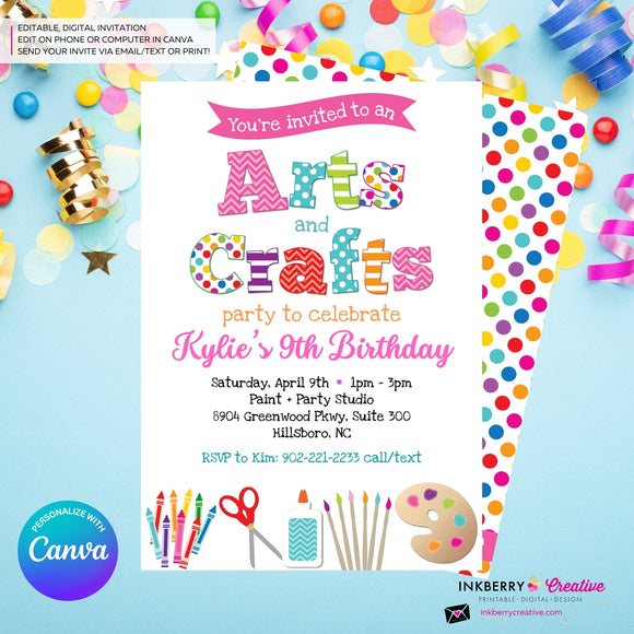 Arts and Crafts Birthday Party Invitation, Kids Arts Crafts Painting Party - Printable, Instant Download, Edit in Canva