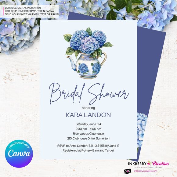 Hydrangea Bridal Shower Invitation, Blue Purple Hydrangea Invite, Wedding Engagement Baby, Digital, Edit and Personalize in Canva