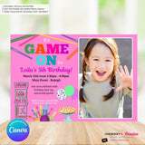 Game On Girls Pink PHOTO Arcade, Pizza, Bowling Birthday Party Digital, Printable Invitation - Edit in Canva