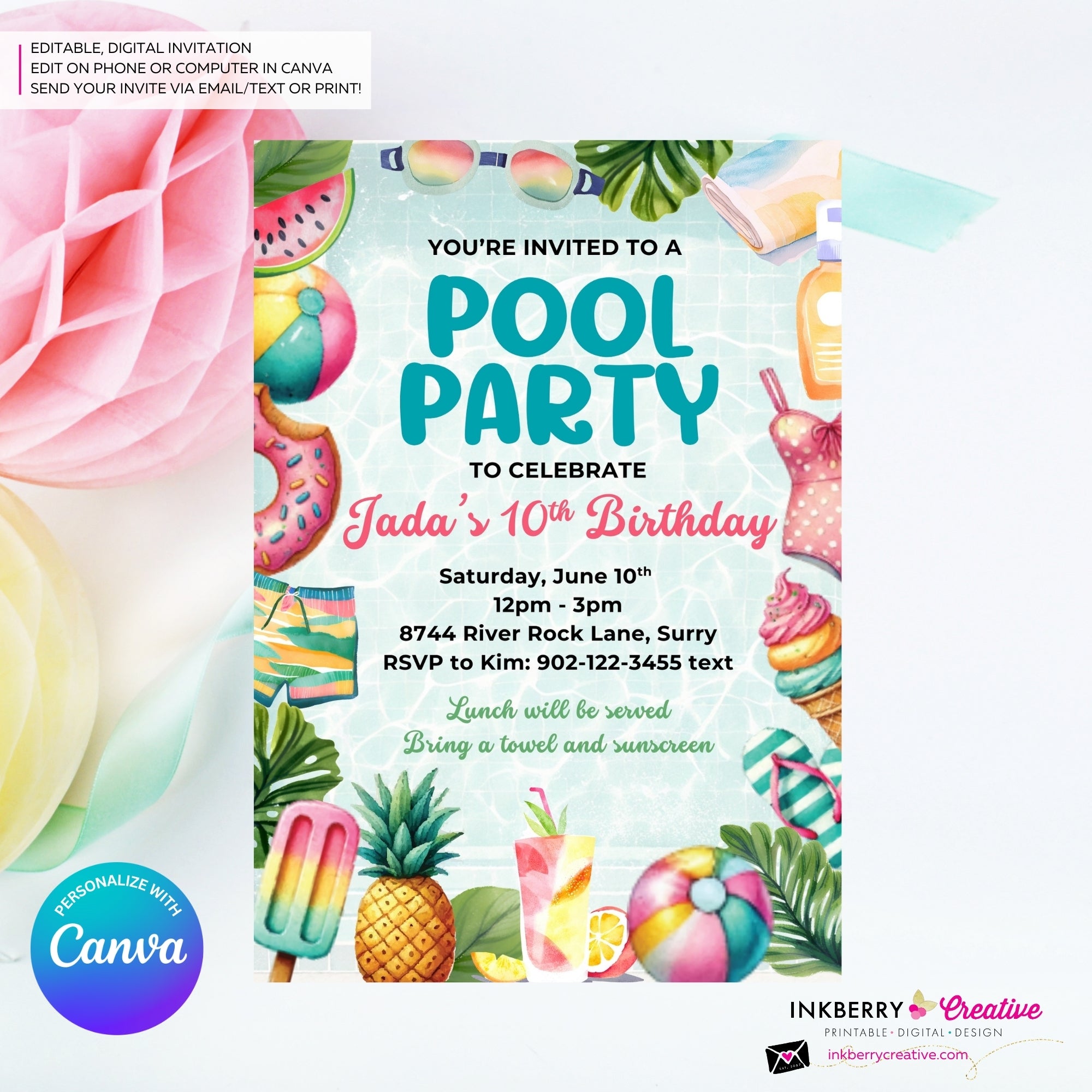 Summertime Fun Pool Party Invitation - Summer Pool Party - Printable, Instant Download, Editable in Canva