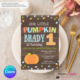 Pumpkin First Birthday (Boys) Woodgrain, Confetti Party Invitation - Printable, Edit in Canva