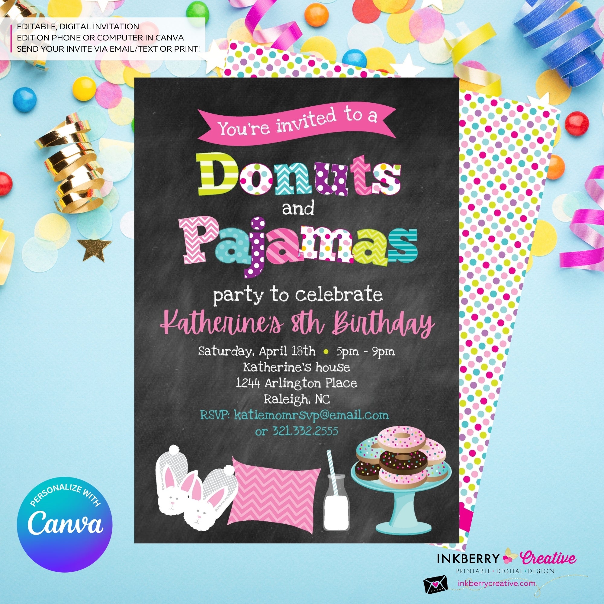 Donuts and Pajamas Party Invitation (Chalkboard Style) - Kids Donut Breakfast Pajama Birthday Party Invite - Edit in Canva