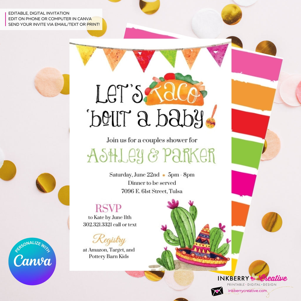 Taco Bout a Baby Shower Invitation, Chalkboard Style w/ Taco, Cactus, Sombrero, Mexican Fiesta Taco Baby Shower, Digital File, Edit in Canva