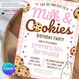 Milk and Cookies Birthday Party Invitation - Girls Pink, Brown, First Birthday or Any Age, Instant Download, Personalize and Edit in Canva