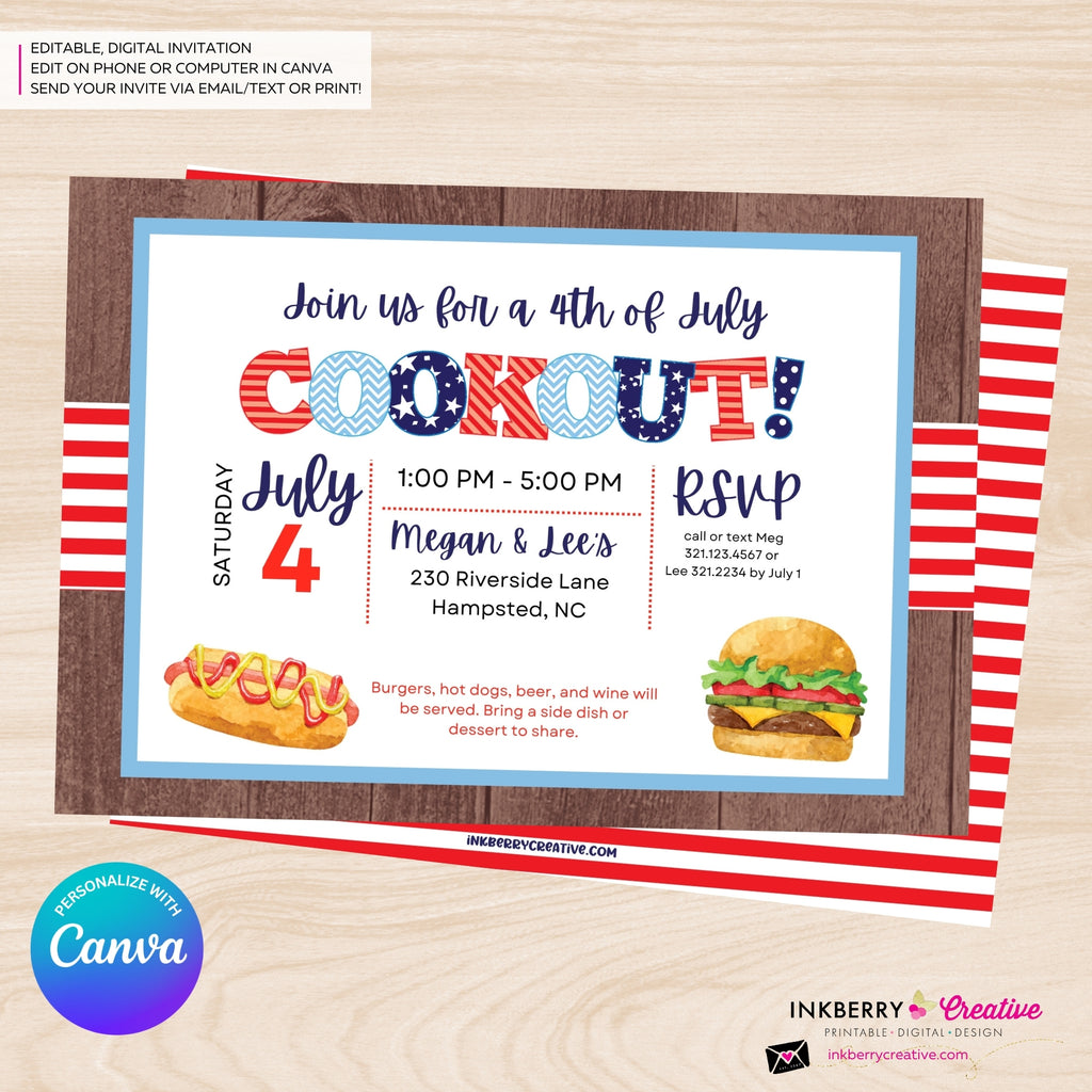 4th of July Backyard Cookout BBQ - 4th of July, Patriotic, Red White and Blue, Patriotic Party - Edit in Canva