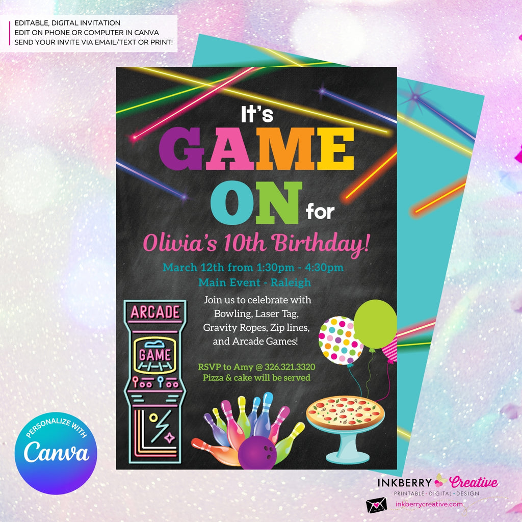 Game On - Arcade Games, Laser Tag, Pizza, Bowling Birthday Party Invitation, Girls Arcade Party, Printable, Instant Download, Edit in Canva