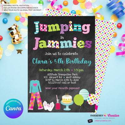 Jumping in Jammies Birthday Party Invitation - Chalkboard, Pajama, Trampoline Park, Bounce House Invite (Printable, Instant Download, Edit in Canva)