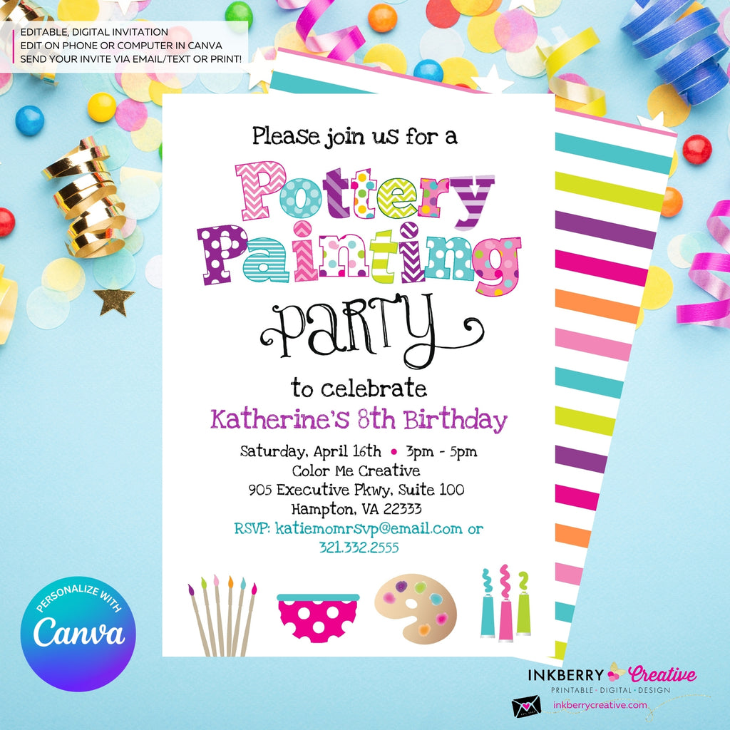 Pottery Painting Party Invitation (White) - Kids Art / Pottery Painting Birthday Party Invite - Edit in Canva
