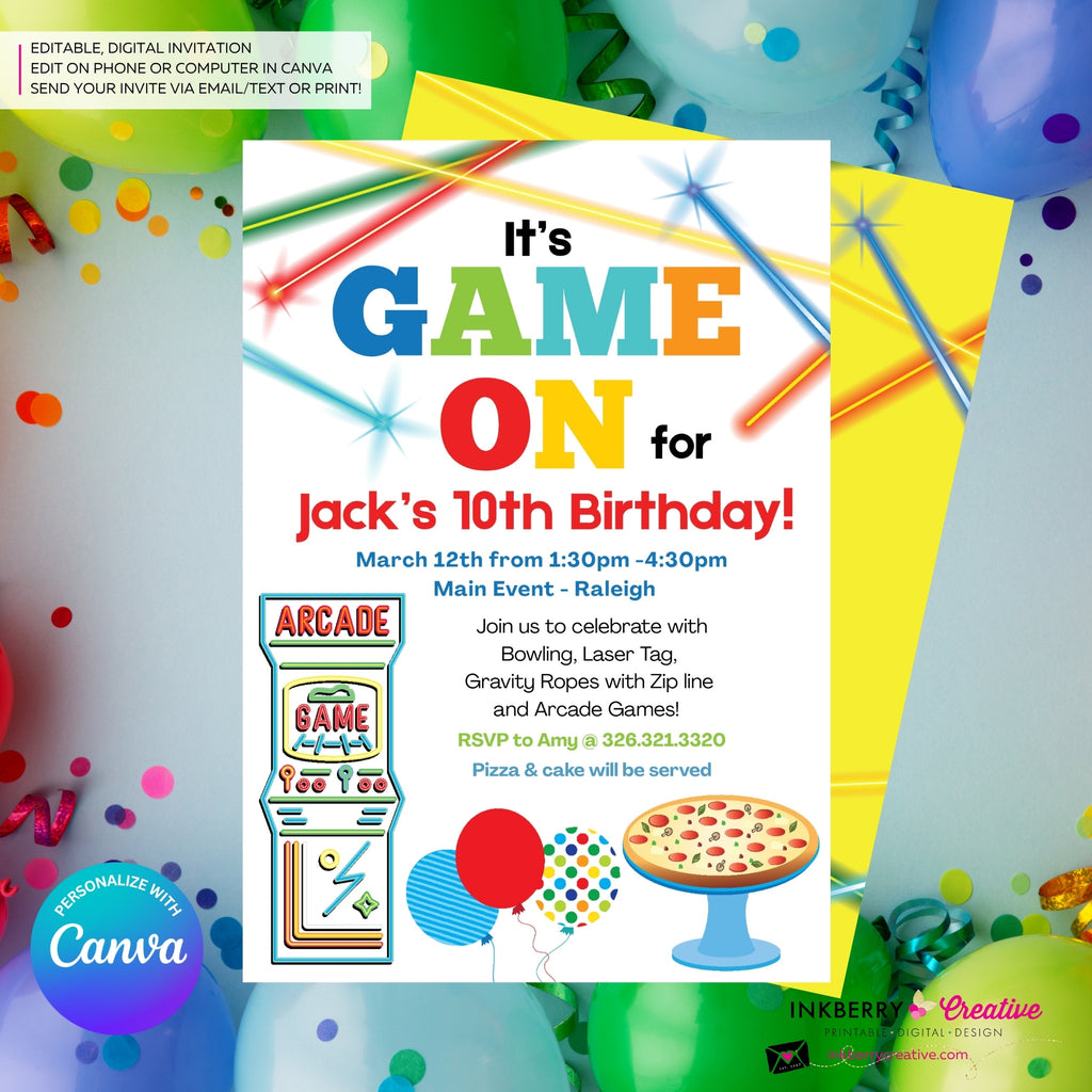 Game On - Arcade Games, Pizza Birthday Party Invitation - Boys Arcade Game Pizza Party - Printable, Instant Download, Edit in Canva