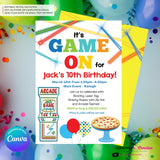 Game On - Arcade Games, Pizza Birthday Party Invitation - Boys Arcade Game Pizza Party - Printable, Instant Download, Edit in Canva