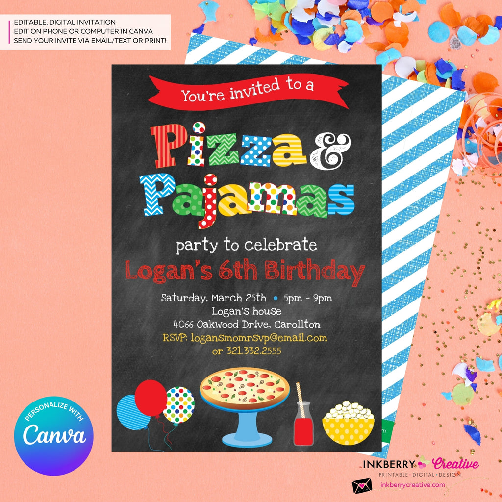 Pizza and Pajamas Party Invitation (Boys) - Chalkboard Style, Kids Pizza Pajama Birthday Party Invite - Edit in Canva