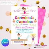 Gymnastics Party Invitation (White) - Cartwheels and Cupcakes Gymnastics Birthday Party Invite - Printable, Instant Download, Edit in Canva