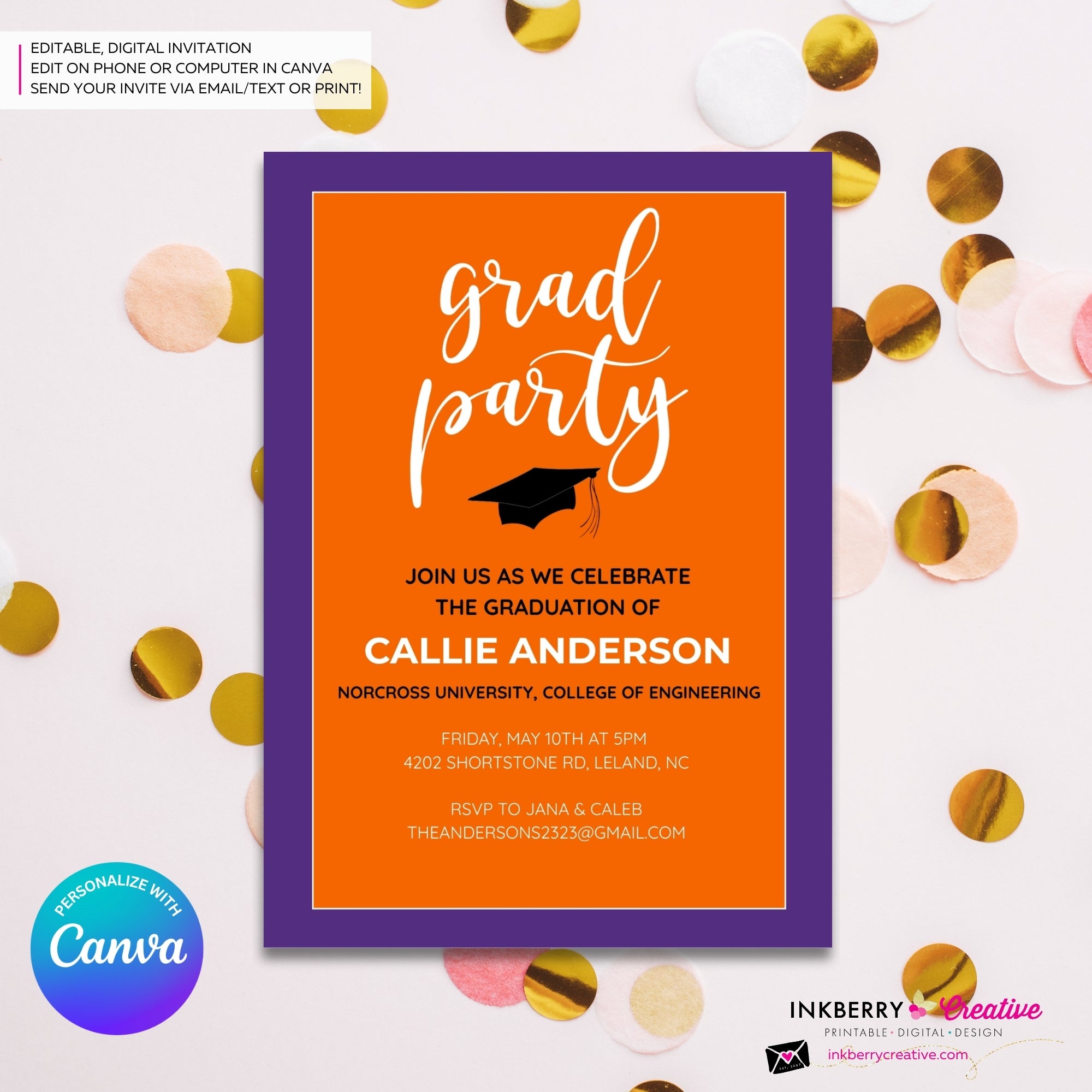 Grad Party Color Block Script - Orange Purple - Custom Color Graduation Invitation or Announcement - Editable in Canva