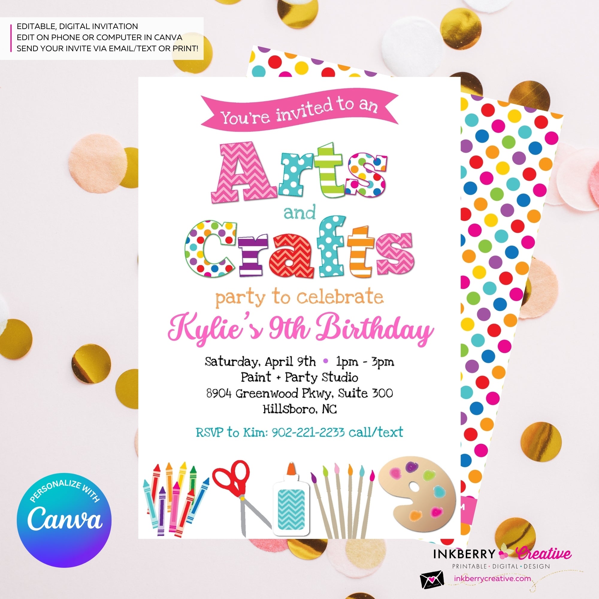 Arts and Crafts Birthday Party Invitation, Kids Arts Crafts Painting Party - Printable, Instant Download, Edit in Canva