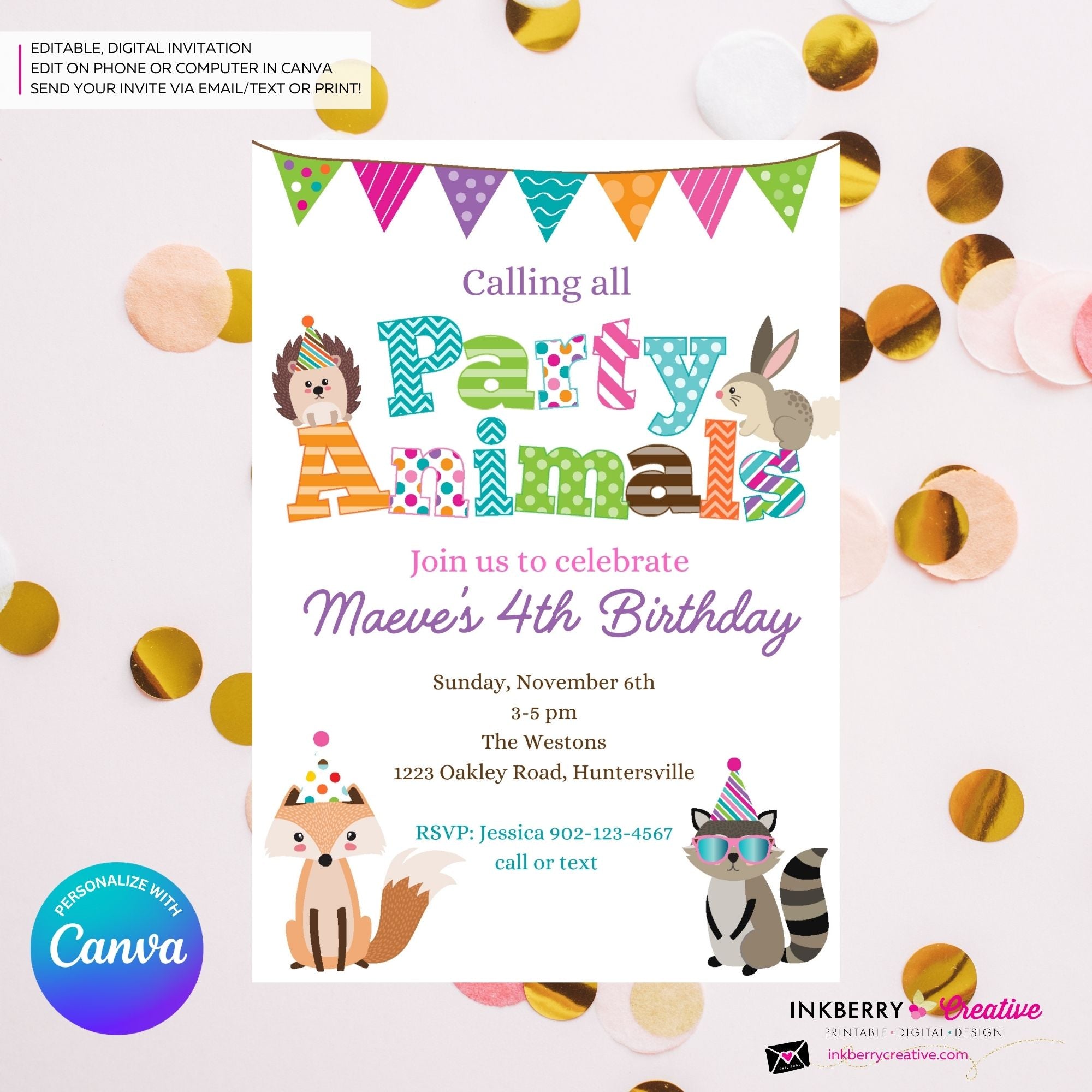Editable Party Animal Birthday Party Invitation - Girls Cute Woodland Forest Animals Party Invite, Customize and Edit in Canva