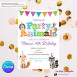 Editable Party Animal Birthday Party Invitation - Girls Cute Woodland Forest Animals Party Invite, Customize and Edit in Canva