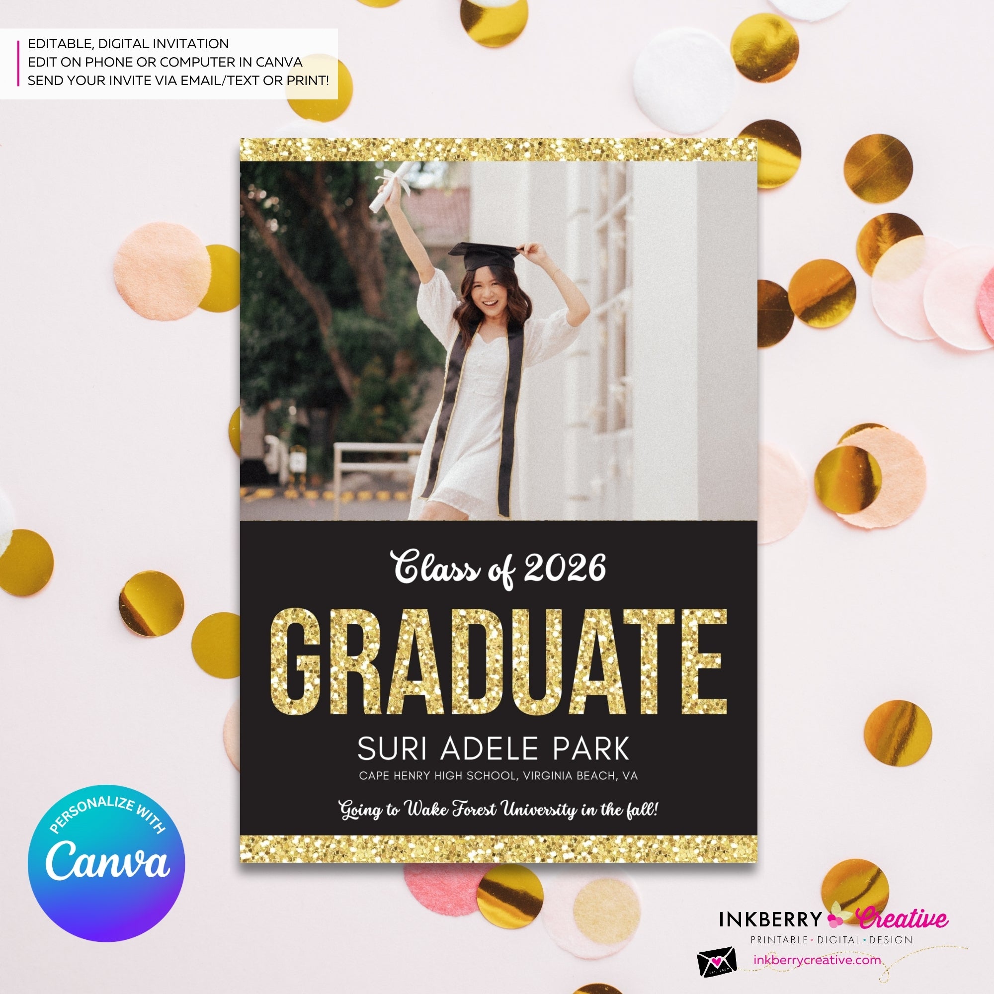 Gold Glitter Grad - 3 Photo Graduation Invitation or Announcement, Edit in Canva