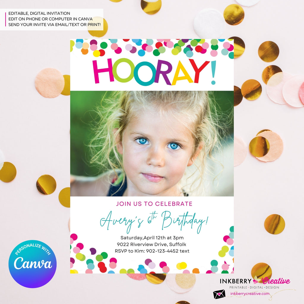 Hooray Confetti Girls Photo Birthday Party Invitation, Printable, Instant Download, Editable, Digital Invite, Edit in Canva