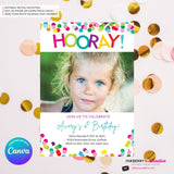 Hooray Confetti Girls Photo Birthday Party Invitation, Printable, Instant Download, Editable, Digital Invite, Edit in Canva