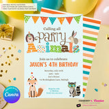 Editable Party Animal Birthday Party Invitation - Boys Cute Woodland Forest Animals Party Invite, Customize and Edit in Canva