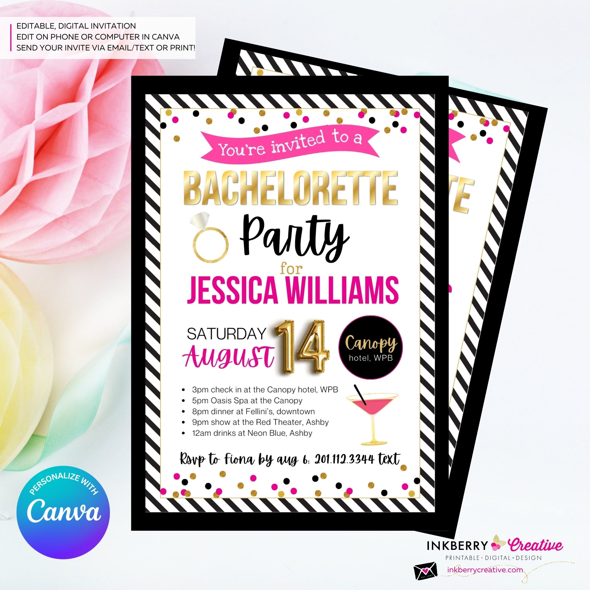 Bachelorette Party Invitation Pink, Black, Gold Confetti - Digital Printable File, Personalize and Edit in Canva