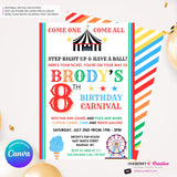Carnival Birthday Party Invitation - Digital File, Personalize and Edit in Canva