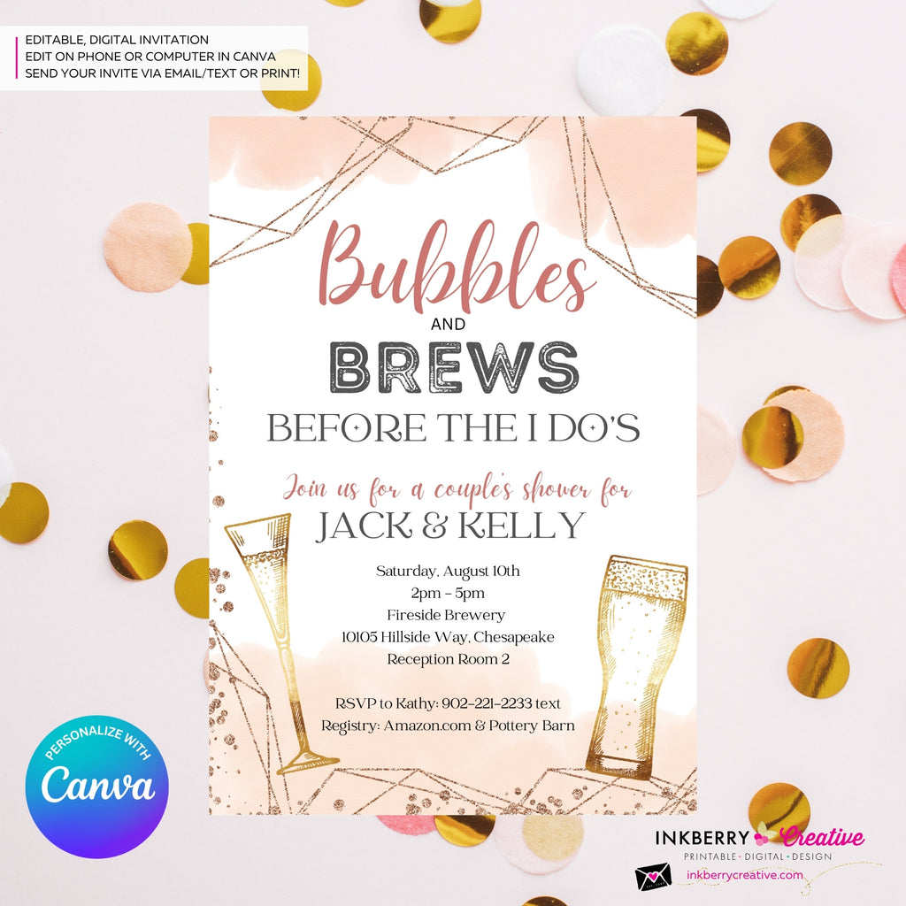 Bubbles and Brews Rose Gold Bridal Shower, Couples Shower Invitation, Digital Printable File, Personalize and Edit in Canva